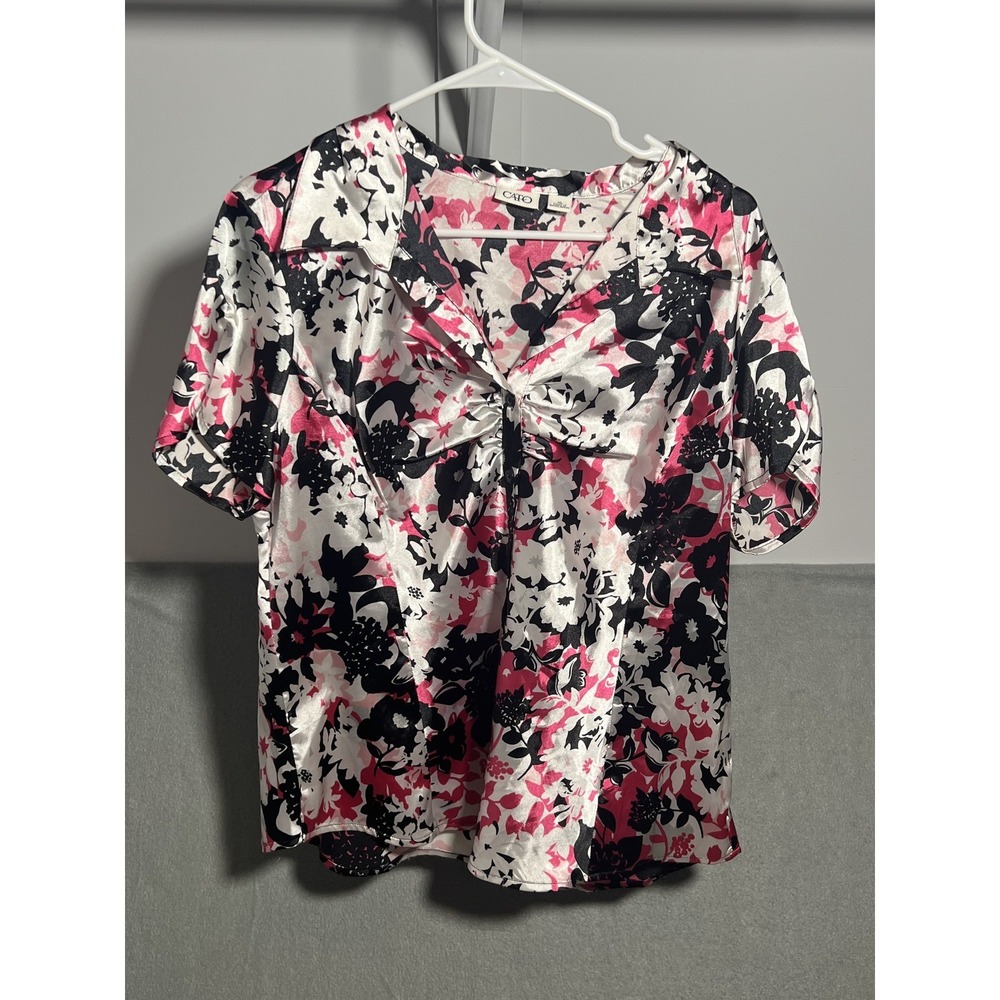 CATO Women's XL Floral‎ Blouse White Black Pink Short Sleeve Twisted Front Top